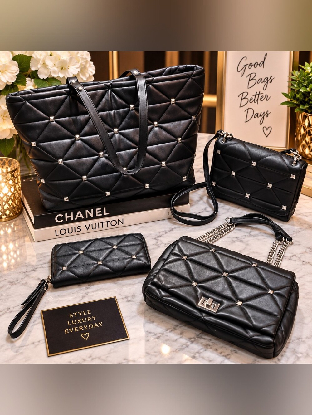 SALE INC International Concepts Elegant Black Quilted Women's 4 Piece Bag Set
